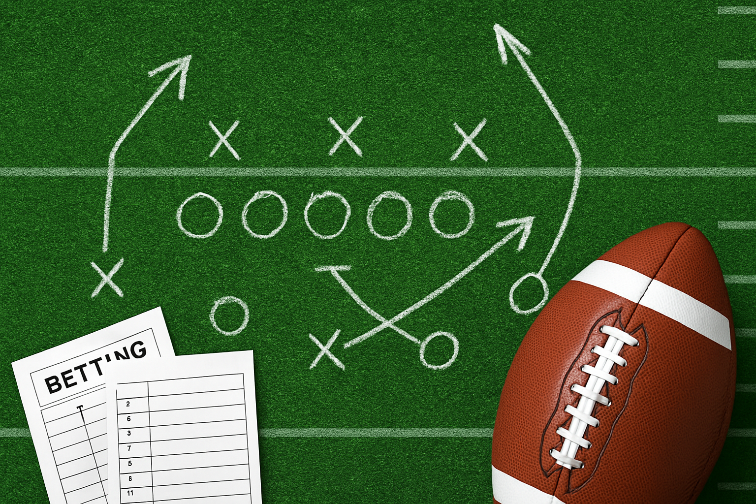 How to use game script to predict NFL player props – football field with play diagram and betting slips