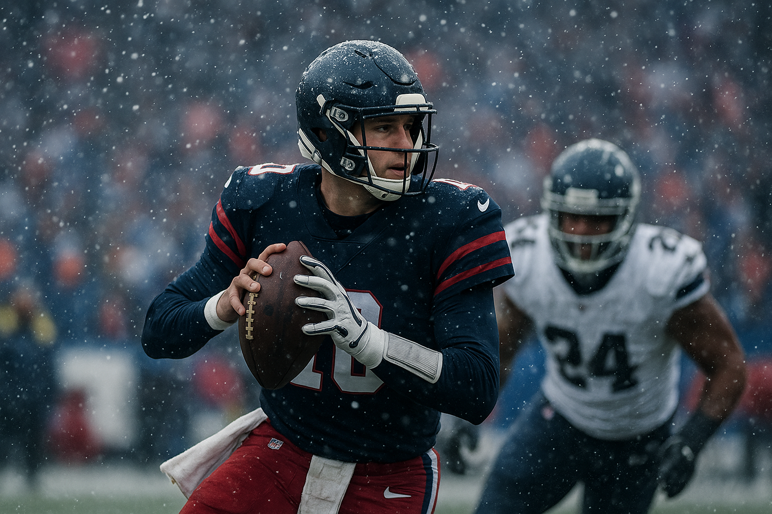 NFL quarterback throwing in the snow during a game, illustrating how NFL weather trends affect prop betting outcomes.